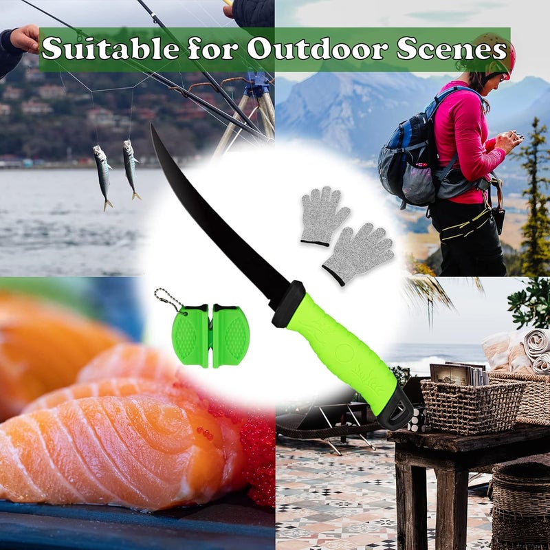 HOWORR Fillet Knife, 7 Inches Professional Filet Knife for Fish, Stainless Steel Blade Fishing Knifes with Sharpener and Cutting Resistant Gloves, Fishing Stuff, Fishing Accessories, Green - Image 2